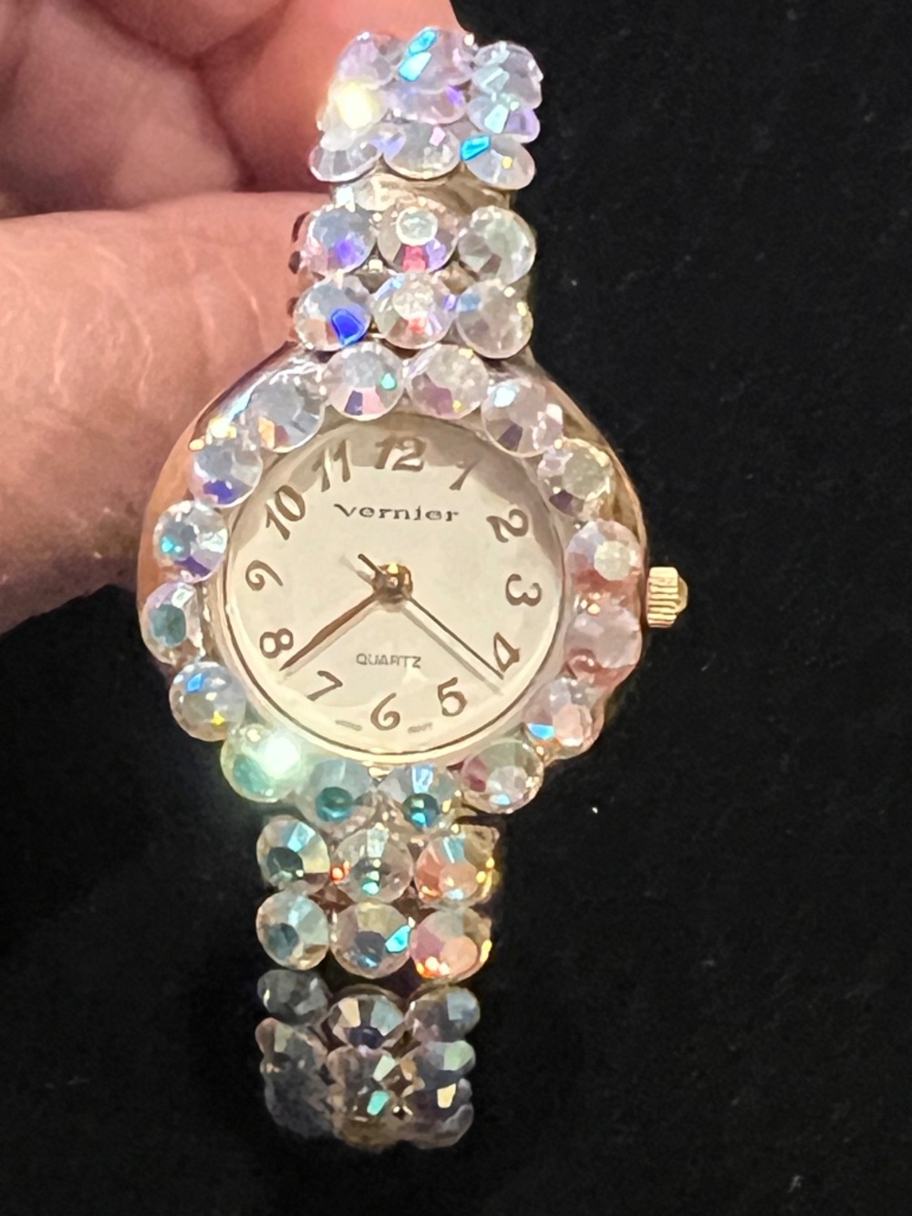Vintage Vernier AB Swarovski Crystal Watch Cuff Bracelet Quartz